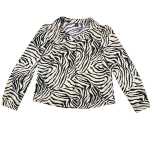 SHEIN Zebra Print Button Up Blouse Black White Puff Shoulder Long Sleeve Small